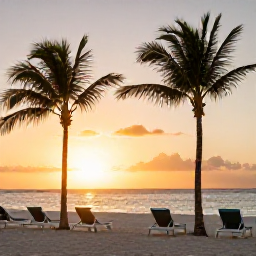 Caribbean Holidays, Aruba Spa Breaks, Peaceful Aruba beach at sunset with palm trees, comfortable loungers and a quiet luxury holiday atmosphere