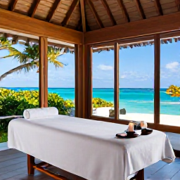 Caribbean Holidays, Aruba Spa Breaks, Peaceful Aruba spa resort treatment room with natural wood, soft towels, candles and views of the Caribbean