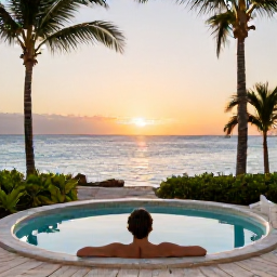Caribbean Holidays, Aruba Spa Breaks, Person relaxing in an outdoor spa overlooking Aruba&rsquo;s coast at sunset, with palm trees and calm blue water