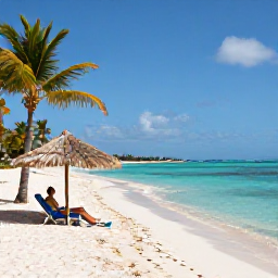 Caribbean Holidays, Aruba Spa Breaks, Quiet Aruba beach with soft white sand, turquoise water, palm trees and a guest relaxing beneath a parasol