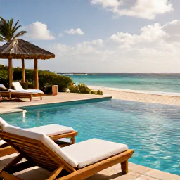 Caribbean Holidays, Aruba Spa Breaks, Quiet luxury spa pool overlooking a bright Caribbean beach in Aruba, warm January sunlight