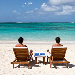 Caribbean Holidays, Aruba Spa Breaks, Quiet white-sand beach in Aruba with turquoise water, sun loungers and a couple relaxing after a spa treatment