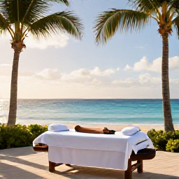 Caribbean Holidays, Aruba Spa Breaks, Relaxing beachfront spa treatment at a luxury resort in Aruba, with palm trees, calm turquoise sea and warm March sunshine