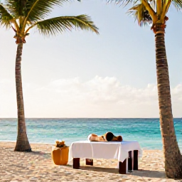 Caribbean Holidays, Aruba Spa Breaks, Relaxing beachfront spa treatment in Aruba during February, with palm trees, turquoise sea and soft morning light