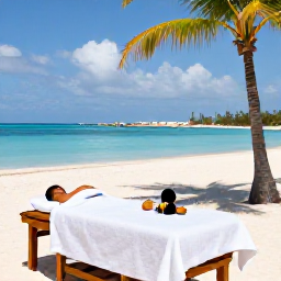 Caribbean Holidays, Aruba Spa Breaks, Relaxing beachfront spa treatment in Aruba with a calm turquoise sea, white sand and palm trees