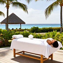 Caribbean Holidays, Aruba Spa Breaks, Relaxing luxury spa treatment in a bright Aruba resort, with tropical greenery and calm Caribbean atmosphere