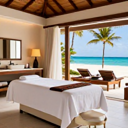 Caribbean Holidays, Aruba Spa Breaks, Relaxing luxury spa treatment room at an Aruba beach resort, warm natural light, tropical details