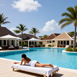 Caribbean Holidays, Aruba Spa Breaks, Relaxing spa treatment beside a tropical resort pool in Aruba, with palm trees and bright Caribbean sunshine