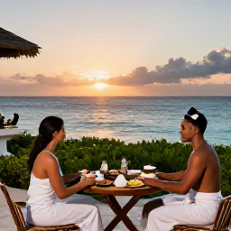 Caribbean Holidays, Aruba Spa Breaks, Romantic Aruba resort terrace at sunset with a spa couple enjoying a healthy dinner overlooking the Caribbean Sea