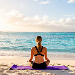 Caribbean Holidays, Aruba Spa Breaks, Traveller enjoying a calm wellness morning on an Aruba beach, with yoga mat, turquoise water and soft golden sunlight