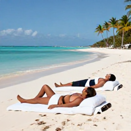 Caribbean Holidays, Aruba Spa Breaks, Two people relaxing on a quiet white-sand beach in Aruba after a spa treatment, turquoise water and palm trees in the background