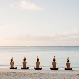 Caribbean Holidays, Aruba Spa Breaks, Visitors practising gentle yoga on a quiet Aruba beach at sunrise, with calm water, pale sand and soft morning light