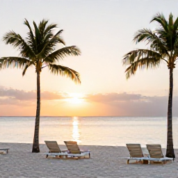 Caribbean Holidays, Aruba Spa Breaks, White sandy Palm Beach in Aruba at sunset, with calm water, palm trees and comfortable loungers