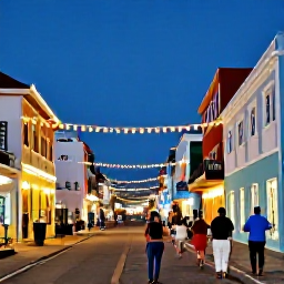 Caribbean Holidays, Aruba Walking Holidays, A colourful December evening in Oranjestad, Aruba, with festive lights, historic buildings and people enjoying the streets