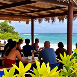 Caribbean Holidays, Aruba Walking Holidays, A comfortable Aruba walking holiday scene with hikers resting at a shaded caf&eacute; near the coast, tropical plants and blue sea