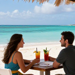 Caribbean Holidays, Aruba Walking Holidays, A couple resting after a walk at an Aruba beach caf&eacute;, with fresh tropical drinks, turquoise water and a relaxed Caribbean atmosphere