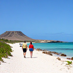 Caribbean Holidays, Aruba Walking Holidays, A couple walking along a sandy coastal path beside the turquoise sea in Aruba, with dry hills and clear blue sky