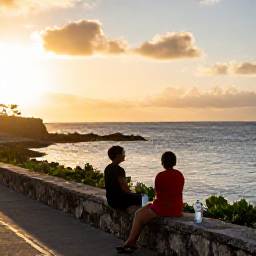 Caribbean Holidays, Aruba Walking Holidays, A friendly couple resting beside an Aruban coastal path at sunset, with water bottles, warm light and the Caribbean sea behind them