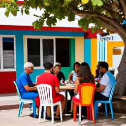 Caribbean Holidays, Aruba Walking Holidays, A friendly group of walkers enjoying a shaded break at a colourful Aruban caf&eacute; after exploring the island