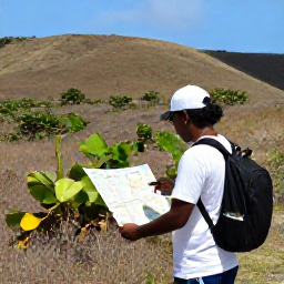 Caribbean Holidays, Aruba Walking Holidays, A friendly local guide showing walkers a map near Arikok National Park in Aruba, surrounded by dry hills and native plants