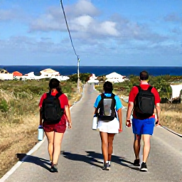 Caribbean Holidays, Aruba Walking Holidays, A friendly walking holiday scene in Aruba with comfortable hikers, water bottles and a coastal village in the background
