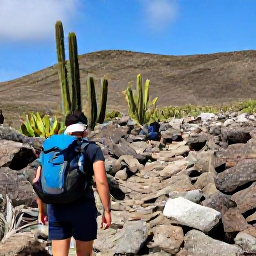 Caribbean Holidays, Aruba Walking Holidays, A hiker following a rocky trail through Aruba's Arikok National Park, surrounded by cacti and low desert hills