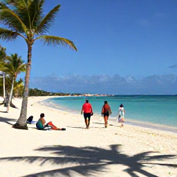Caribbean Holidays, Aruba Walking Holidays, A peaceful Aruba walking scene near a sandy beach, with palm trees, clear water and walkers resting in the shade