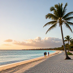 Caribbean Holidays, Aruba Walking Holidays, A peaceful walking route along Aruba&rsquo;s sandy beach with palm trees, calm turquoise water and a couple strolling near sunset