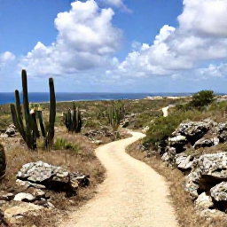Caribbean Holidays, Aruba Walking Holidays, A peaceful walking route through Arikok National Park in Aruba, showing cacti, rocky hills and distant sea views