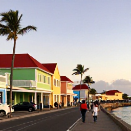 Caribbean Holidays, Aruba Walking Holidays, A relaxed evening scene in Oranjestad, Aruba, with colourful colonial buildings, palm trees and walkers along a waterfront street