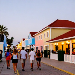 Caribbean Holidays, Aruba Walking Holidays, A relaxed evening scene with walkers, colourful buildings and local restaurants in Oranjestad, Aruba
