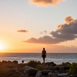 Caribbean Holidays, Aruba Walking Holidays, A relaxed walker beside a scenic Aruban coastline at sunset, with warm light over the Caribbean Sea