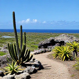Caribbean Holidays, Aruba Walking Holidays, A scenic walking route through Arikok National Park in Aruba, showing cacti, aloe plants, rocky hills and a distant blue sea under a clear sky