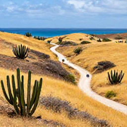 Caribbean Holidays, Aruba Walking Holidays, A scenic walking route through Aruba's arid countryside, with cacti, golden hills and distant blue water