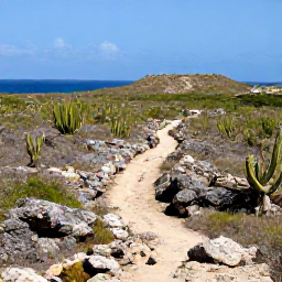 Caribbean Holidays, Aruba Walking Holidays, A scenic walking trail through Arikok National Park in Aruba, showing cactus-covered hills, rocky terrain and distant blue sea