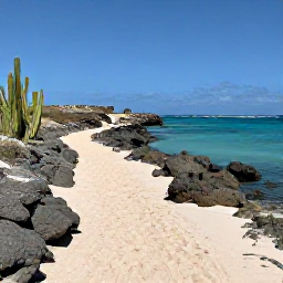 Caribbean Holidays, Aruba Walking Holidays, A sunlit coastal walking trail beside turquoise Caribbean water in Aruba, with pale sand, cacti and rugged volcanic rocks