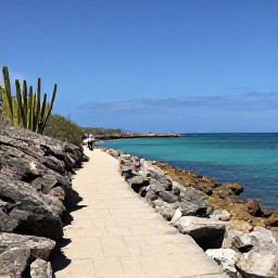 Caribbean Holidays, Aruba Walking Holidays, A sunny coastal walking trail beside turquoise Caribbean water in Aruba, with rocky shoreline, cacti and a clear blue sky