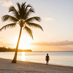 Caribbean Holidays, Aruba Walking Holidays, A traveller walking beside the calm Caribbean Sea at sunset on an Aruba beach, with palm trees and warm golden light