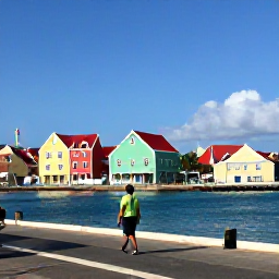 Caribbean Holidays, Aruba Walking Holidays, A visitor strolling through Oranjestad in Aruba past colourful Dutch Caribbean buildings and a sunny waterfront