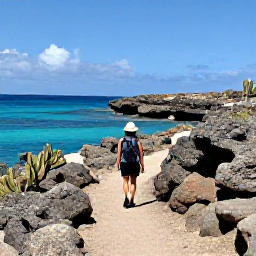 Caribbean Holidays, Aruba Walking Holidays, A walker following a dry coastal trail beside turquoise Caribbean water in Aruba, with rugged volcanic rocks, cacti and bright March sunshine
