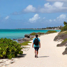 Caribbean Holidays, Aruba Walking Holidays, A walker following a sandy coastal path beside Aruba&rsquo;s turquoise sea in warm June sunshine