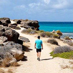 Caribbean Holidays, Aruba Walking Holidays, A walker following a sunlit coastal trail beside Aruba's turquoise sea, with rugged rocks and low desert vegetation