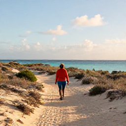 Caribbean Holidays, Aruba Walking Holidays, A warm July morning on Aruba's rugged north coast, with a walker following a sandy trail beside turquoise sea and desert vegetation