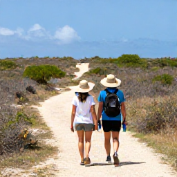 Caribbean Holidays, Aruba Walking Holidays, A well-prepared couple walking on an Aruba trail with sun hats, water bottles and a wide open island landscape