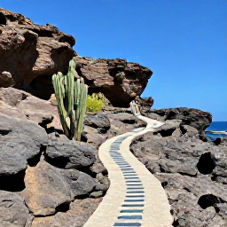 Caribbean Holidays, Aruba Walking Holidays, Dramatic Aruba coastline with rugged rocks, cacti and a marked walking trail under a clear blue sky