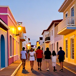 Caribbean Holidays, Aruba Walking Holidays, Friendly travellers enjoying a relaxed evening walk through colourful Oranjestad, Aruba, with pastel buildings and warm street lighting