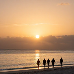 Caribbean Holidays, Aruba Walking Holidays, Golden sunset over Aruba&rsquo;s calm beach with walkers silhouetted beside the Caribbean Sea