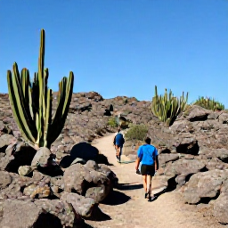 Caribbean Holidays, Aruba Walking Holidays, Hikers following a rugged Aruban trail through cacti and rocky hills beneath a clear blue sky