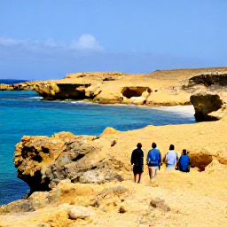 Caribbean Holidays, Aruba Walking Holidays, Hikers walking along Aruba's rugged north coast in bright February sunshine, with turquoise sea, golden rocks and natural desert scenery