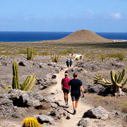 Caribbean Holidays, Aruba Walking Holidays, Hikers walking through Aruba&rsquo;s arid national park with cacti, rocky hills and views towards the Caribbean Sea